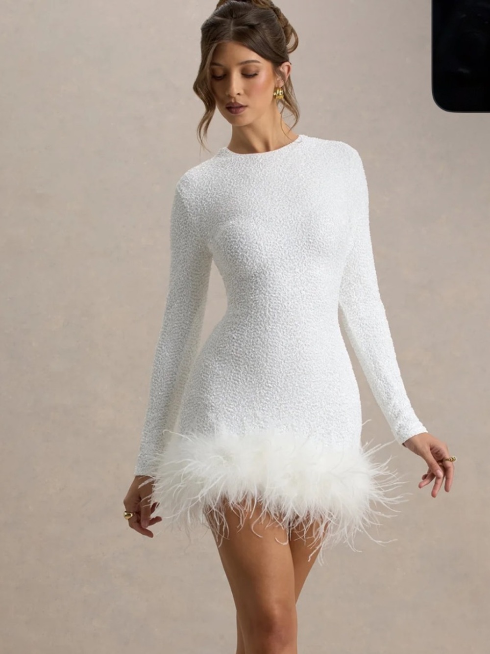 Textured White Long-Sleeve Mini Dress with Feather Trim